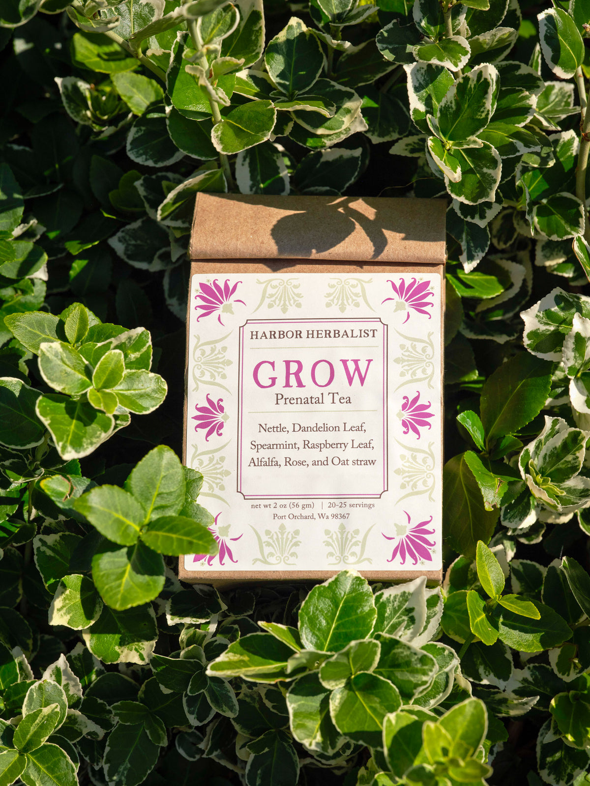 A kraft paper bag of Harbor Herbalist Grow Prenatal Tea placed on a bed of green and white variegated ivy. The packaging features a white front label with pink floral illustrations, set against a solid lavender background on a white surface.