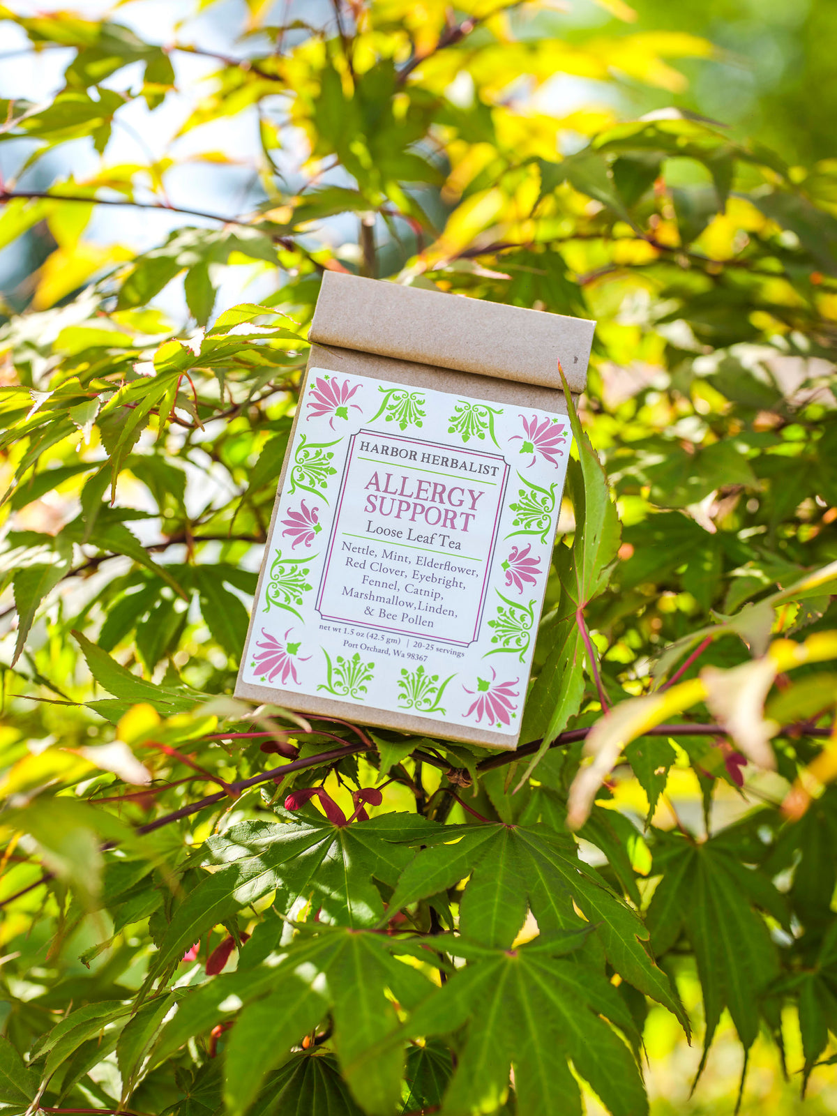 A kraft paper bag of Harbor Herbalist Allergy Support Loose Leaf Tea, featuring a white label with pink and green botanical illustrations, is nestled among green and red maple leaves outdoors.