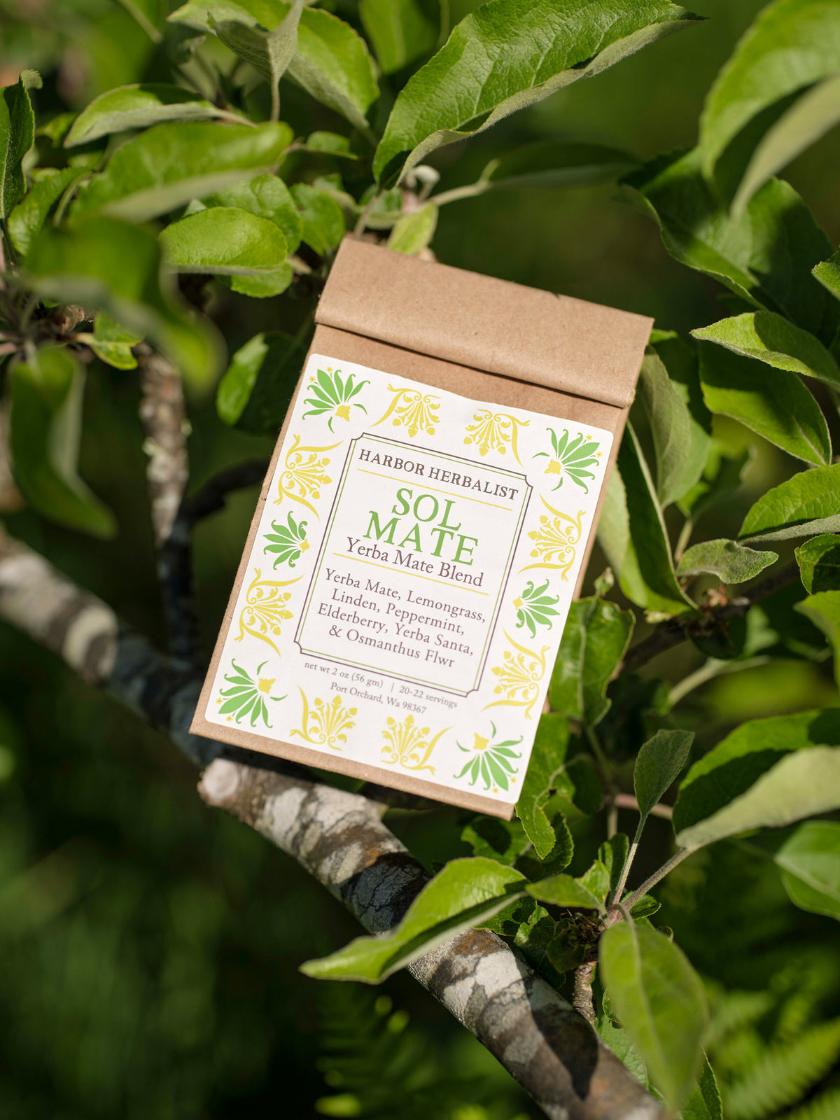 A kraft paper bag of Harbor Herbalist Sol Mate Yerba Mate blend tea with a white label with yellow and green botanical illustrations displayed on a tree branch surrounded by green leaves.
