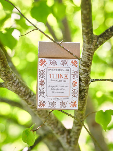 A kraft paper bag of Harbor Herbalist Think Loose Leaf Tea sits on a tree, surrounded by green leaves and natural light. The packaging features a white front label with orange and brown botanical illustrations.
