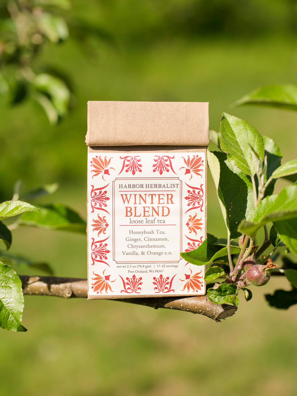 A paper bag of Harbor Herbalist Winter Blend loose leaf tea is displayed on an apple tree branch outdoors with green leaves and a soft-focus green background.